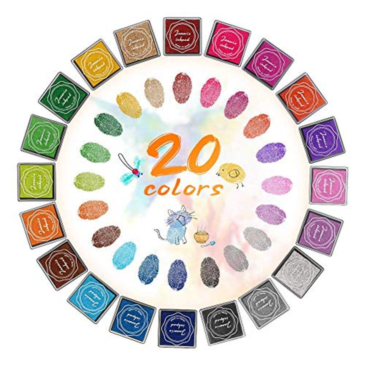 20 Pieces Finger Washable Ink Pads for Kids, Non-Toxic, 20 Color DIY Rainbow Craft Ink Pads for Rubber Stamps, Paper, Wood Fabric, Best Gift for Kids